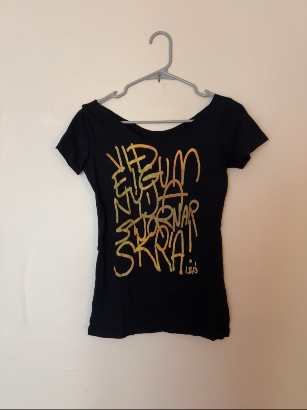 Women's Off the Shoulder Black Graphic Tee with Gold Script Print